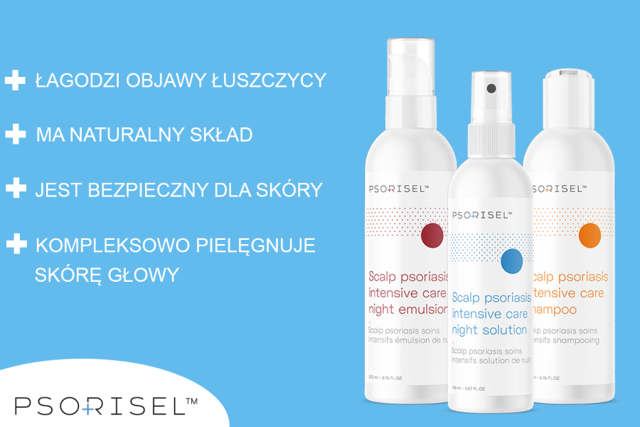 Wylistowane zalety kosmetyków Psorisel, obok grafika 3 produktów marki.
